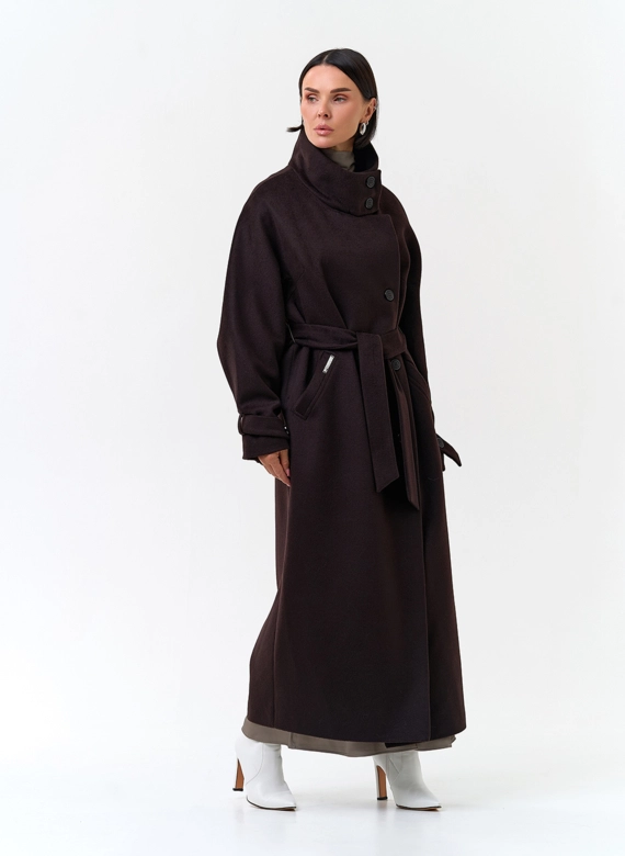 Женское длинное пальто с воротником стойкой