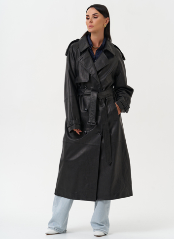 Длинный плащ из натуральной кожи черного цвета