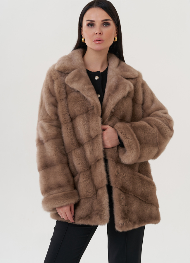 Шуба из норки с английским воротником  модель № 30689 меха малина