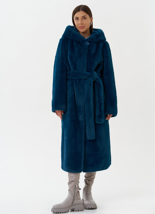 Удлиненное пальто из эко меха с капюшоном модель № 27793 меха малина