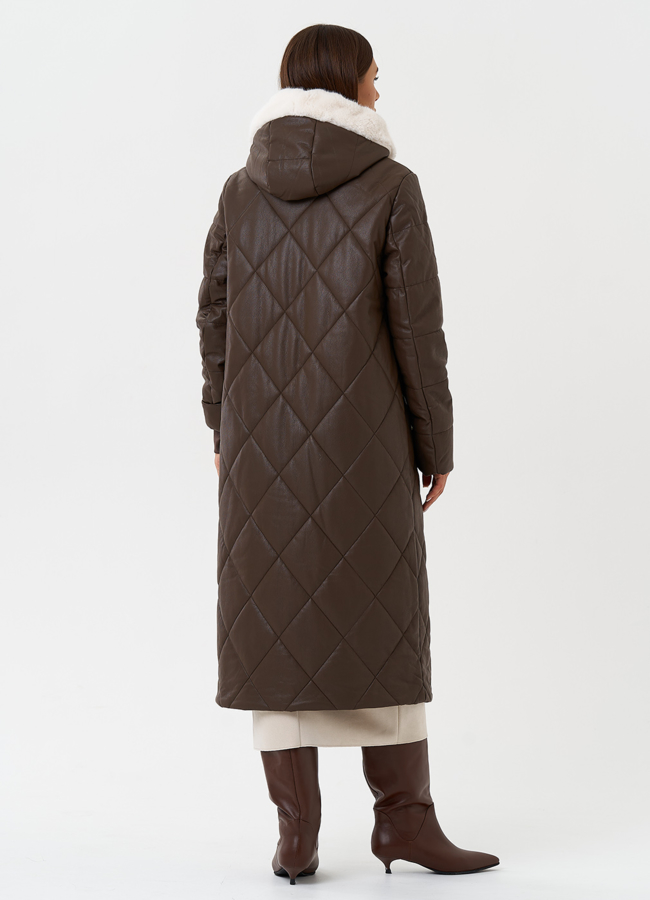 Пуховик из эко кожи с капюшоном модель № 27730 универмаг малина