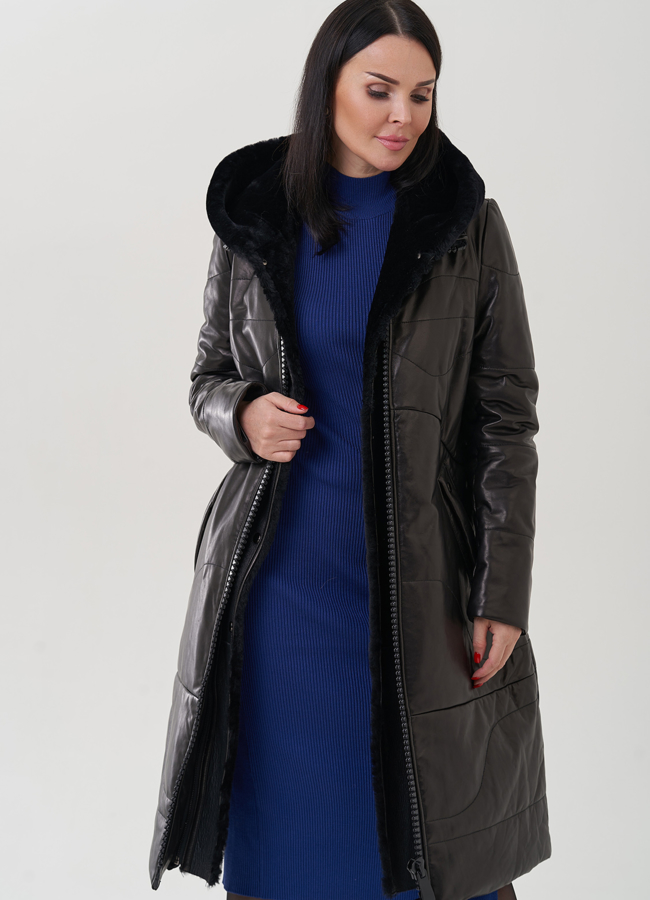 Пуховик из натуральной кожи на молнии с капюшоном модель № 19575 универмаг малина