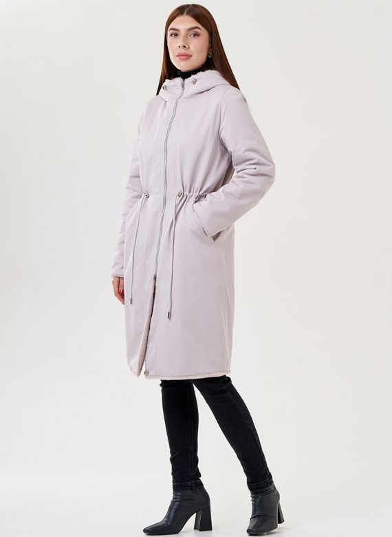 Двухстороннее пальто из эко меха с капюшоном