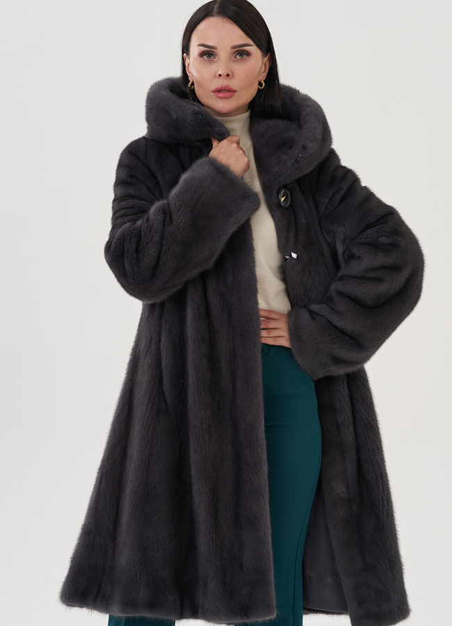 Норковая шуба годе/балетка в роспуск с капюшоном цвета графит модель № 25009 универмаг малина