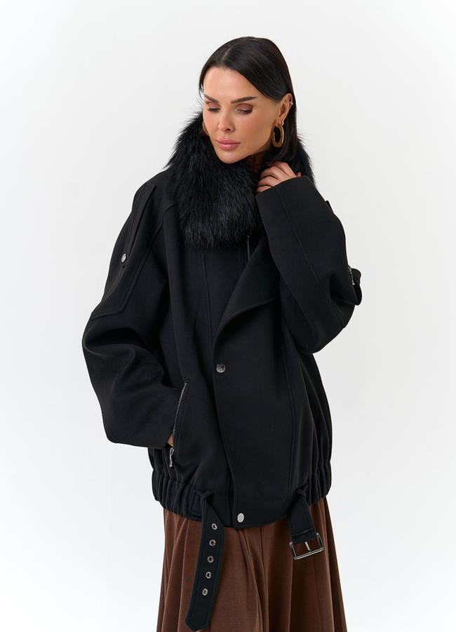 Женское укороченное пальто с отделкой из меха лисы модель № 32782 универмаг малина