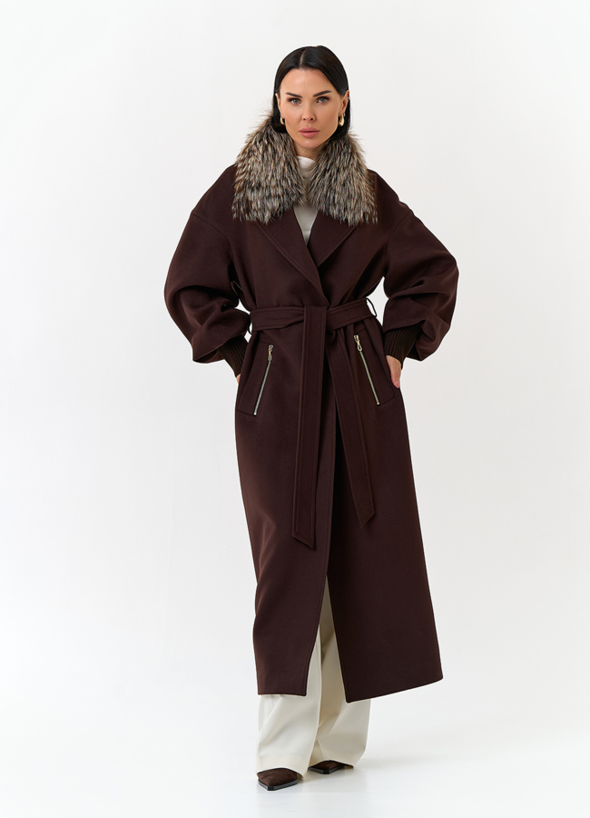 Женское длинное пальто с отделкой из меха лисы модель № 32857 меха малина