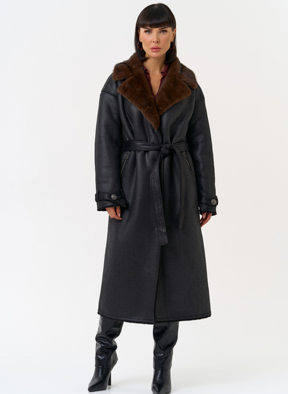 Женская дубленка из эко замши с английским воротником