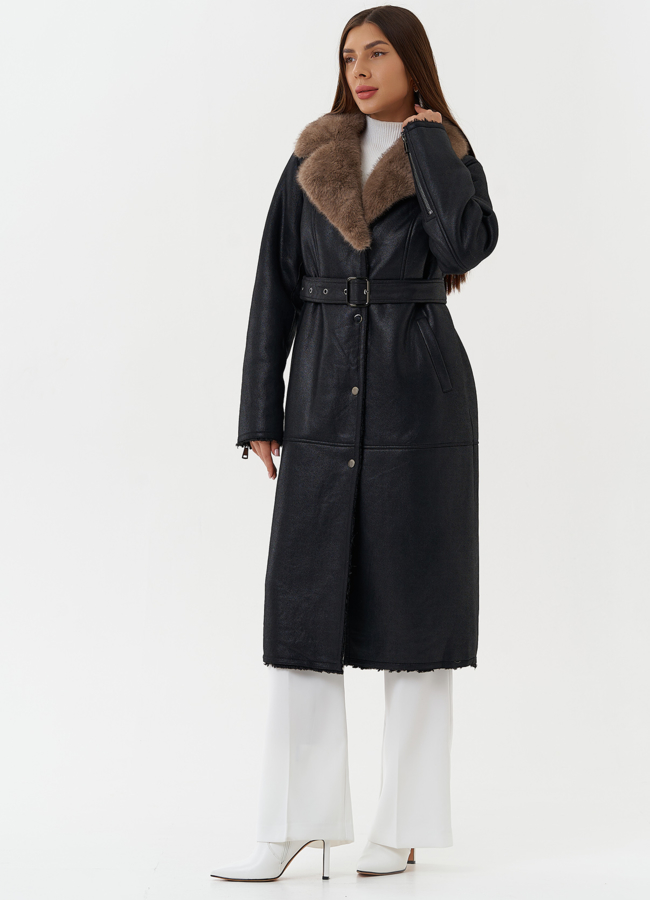 фото Длинная дубленка из эко кожи с английским воротником модель № 27780