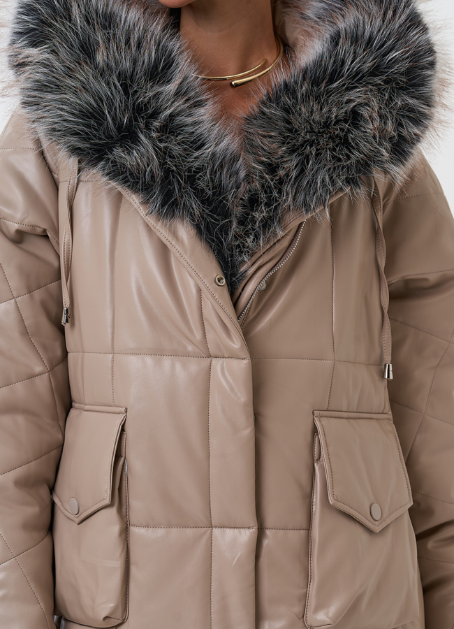 Пуховик из эко кожи с капюшоном из эко меха  модель № 27706 универмаг малина