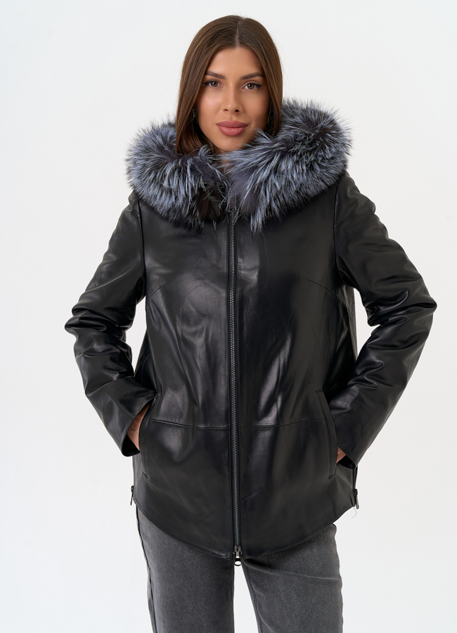 фото Женская куртка из натуральной кожи с капюшоном из меха чернобурки модель № 31666