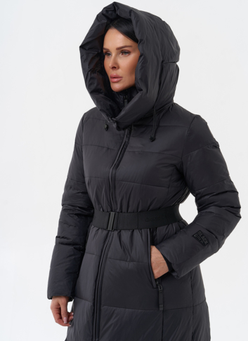 Длинный женский пуховик с капюшоном