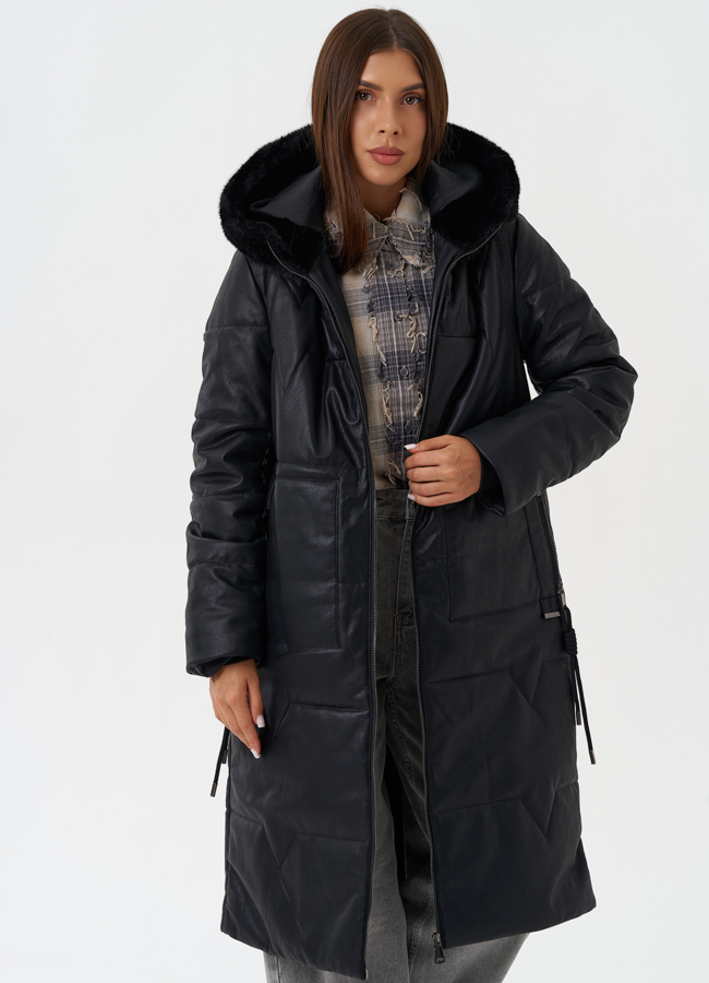 Стеганое пальто из эко кожи модель № 27732 универмаг малина