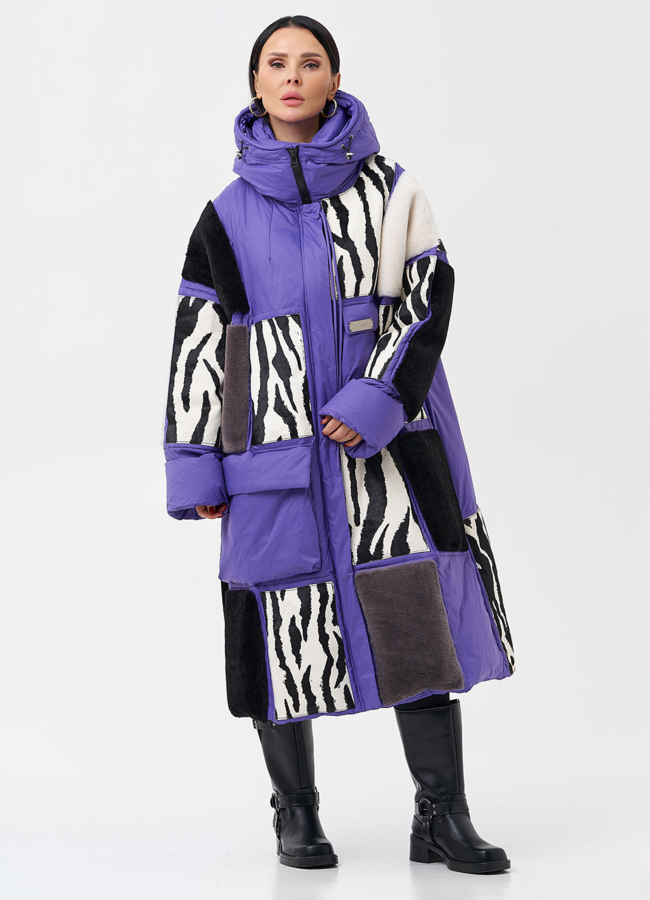 Комбинированный женский пуховик с капюшоном модель № 28372 универмаг малина