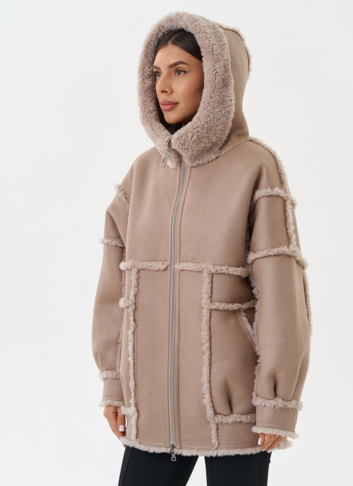 Двухсторонняя эко дубленка с капюшоном