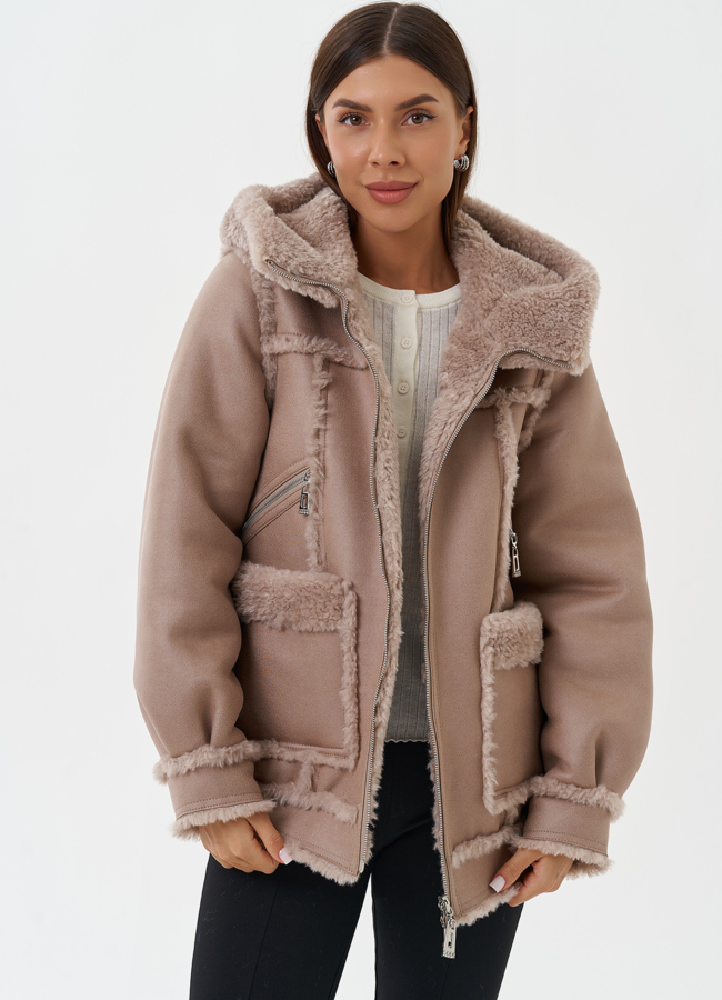 Двухсторонняя эко дубленка с капюшоном модель № 28649 универмаг малина