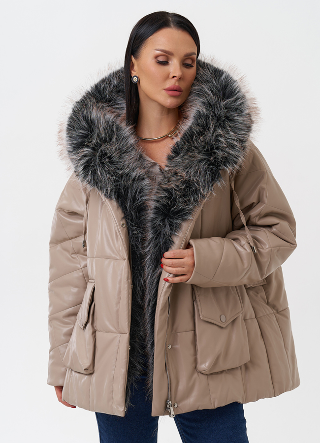 Пуховик из эко кожи с капюшоном из эко меха  модель № 27706 универмаг малина