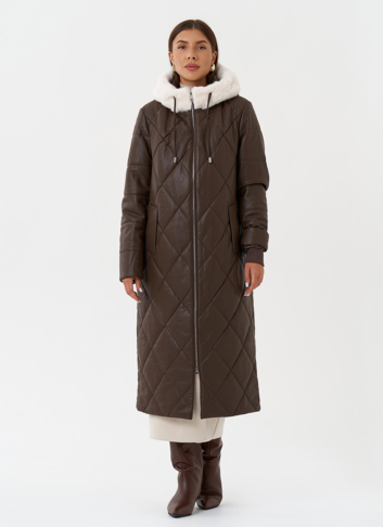 Пуховик из эко кожи с капюшоном