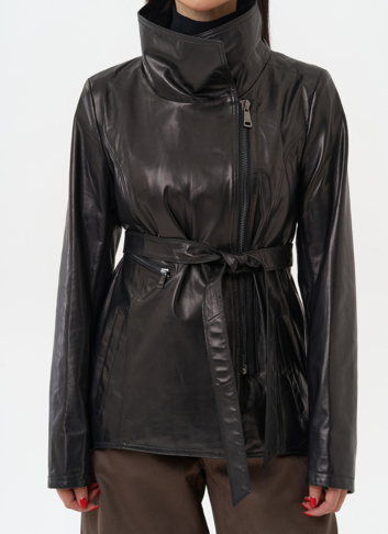 Удлиненная куртка из натуральной кожи с поясом