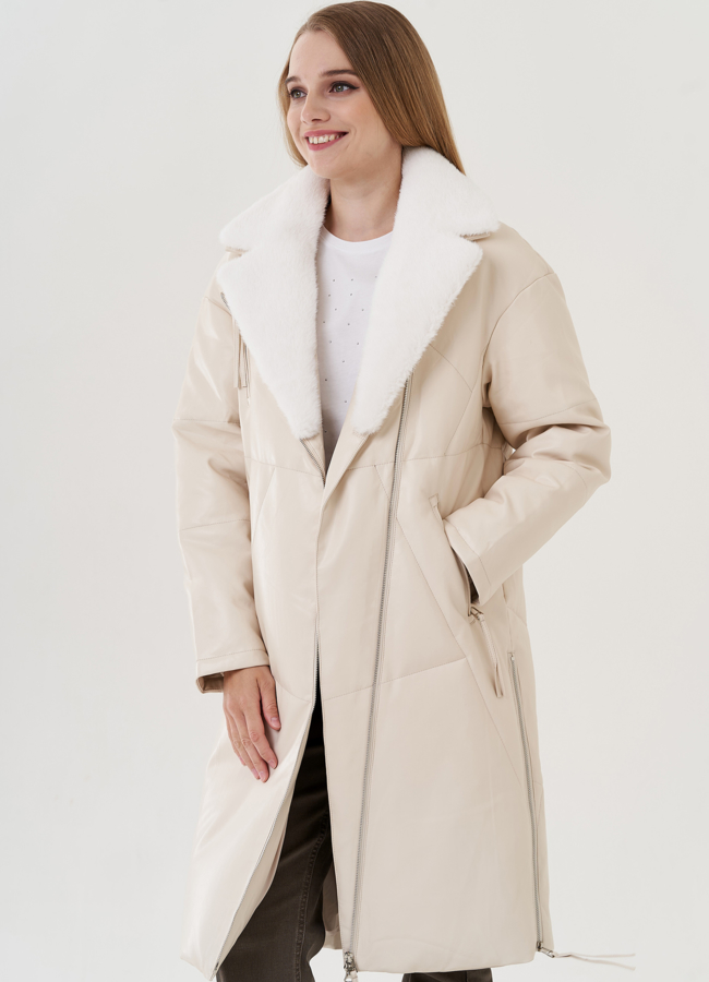 Пуховик женский из эко кожи с английским воротником в светлом цвете модель № 25467 универмаг малина