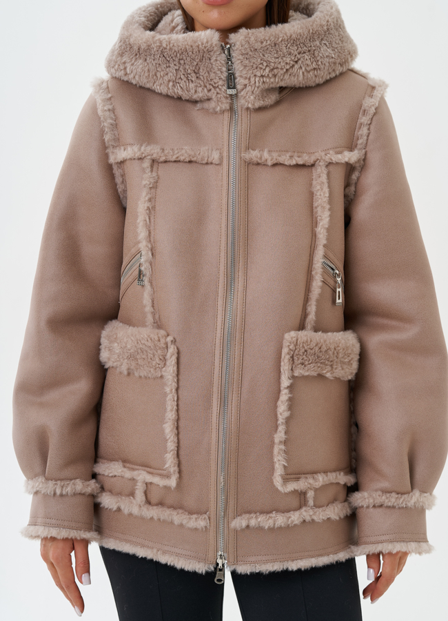 Двухсторонняя эко дубленка с капюшоном модель № 28649 в рассрочку