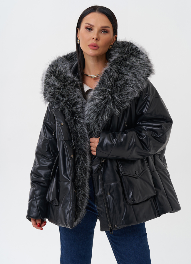 Пуховик из эко кожи с капюшоном из эко меха  модель № 27707 меха малина