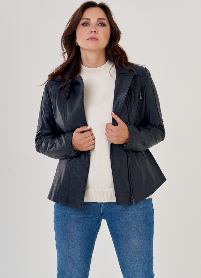 Куртка косуха из натуральной кожи в синем цвете модель № 10636 универмаг малина