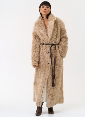 Женская двухсторонняя дубленка с декоративным поясом