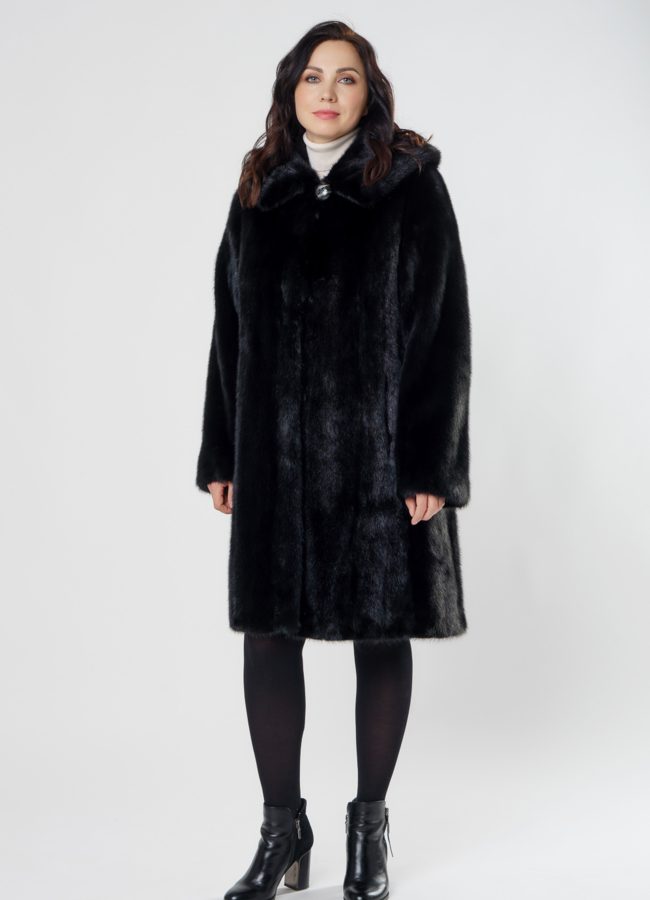 Черная норковая шуба с капюшоном модель № 26158 в рассрочку