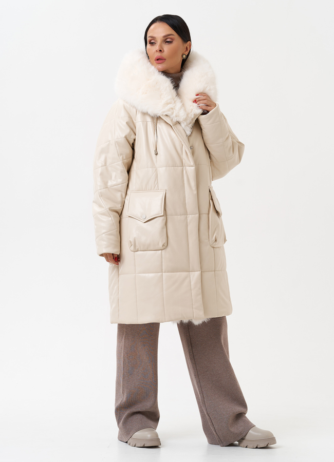 Пуховик из эко кожи с капюшоном из эко меха  модель № 27711 универмаг малина