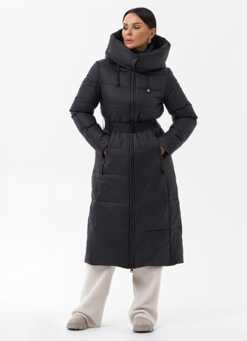 Длинный женский пуховик с капюшоном
