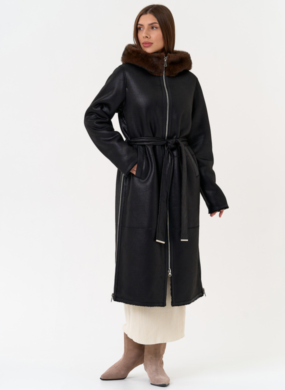 Женская дубленка из эко замши с поясом