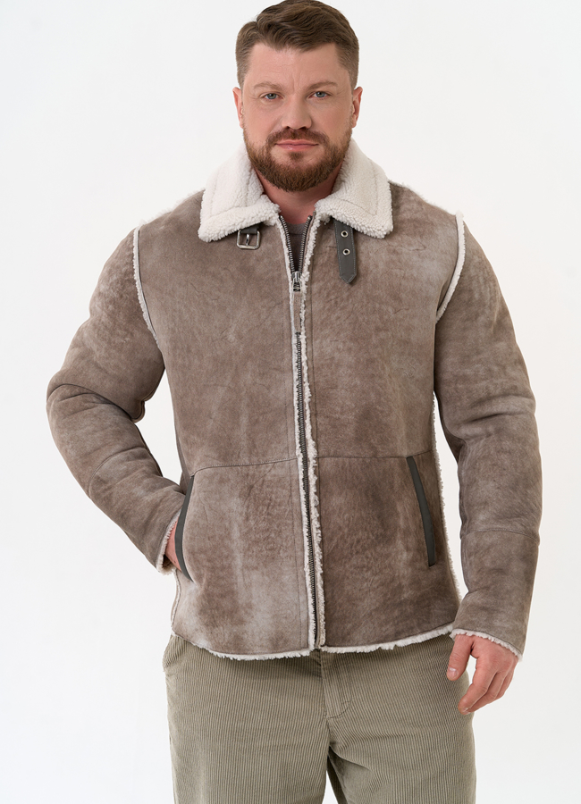 Светлая мужская дубленка модель № 28913 меха малина