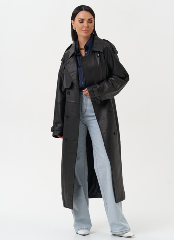 Длинный плащ из натуральной кожи черного цвета