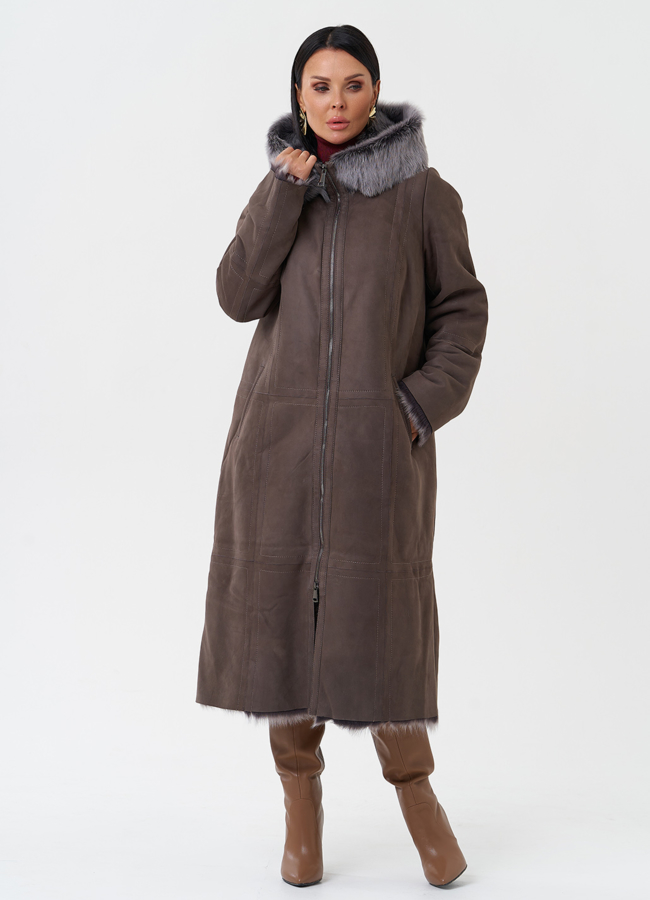 фото Дубленка с отделкой из тосканы с капюшоном модель № 28954
