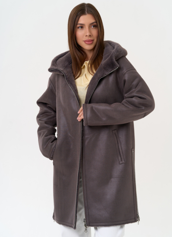 Женская двухсторонняя дубленка из эко замши с капюшоном