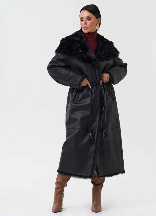 Дубленка с отделкой из тосканы модель № 28702 меха малина