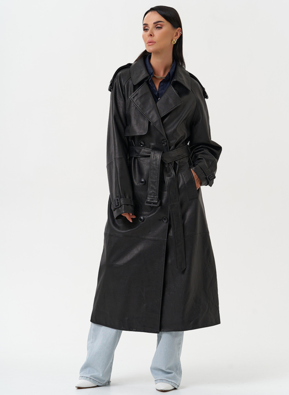 Длинный плащ из натуральной кожи черного цвета