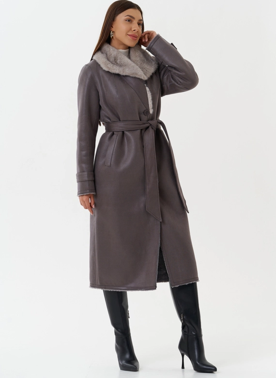 Длинная дубленка из эко кожи с воротником шаль