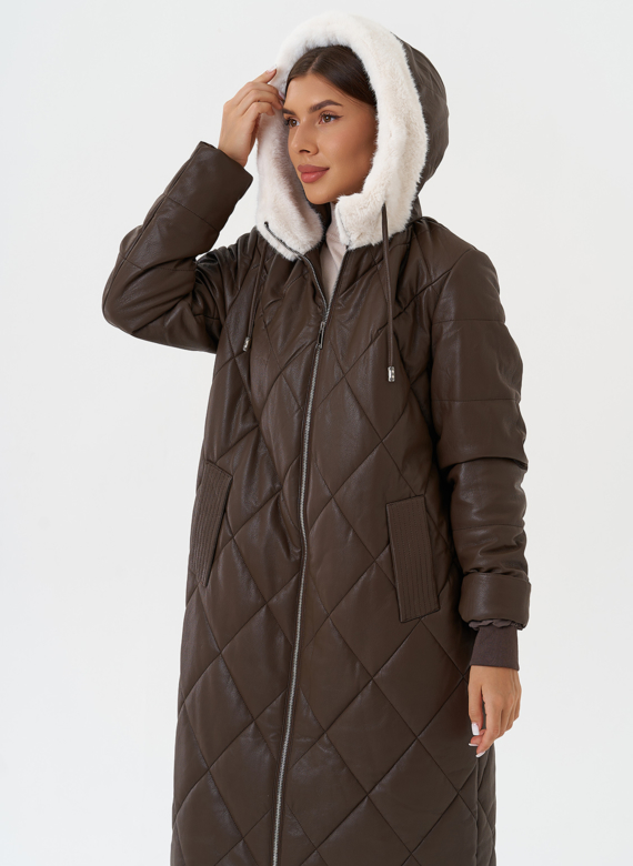 Пуховик из эко кожи с капюшоном