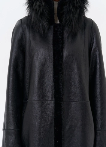 Женская двухстороняя дубленка с воротником из меха чернобурой лисы