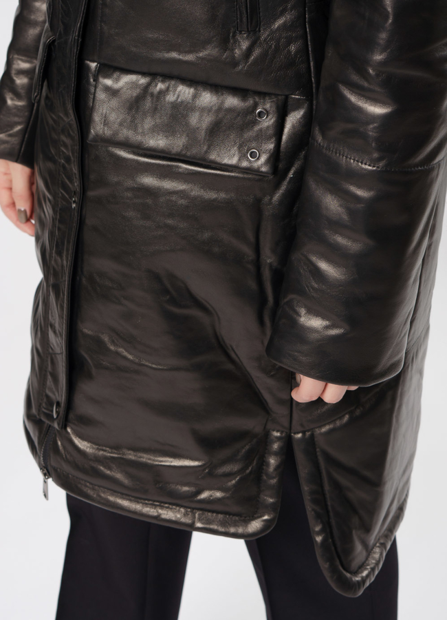 Пуховик из натуральной кожи на молнии черного цвета модель № 917 универмаг малина