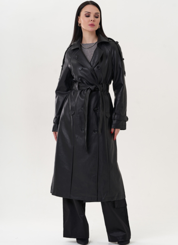 Тренч черного цвета из эко кожи