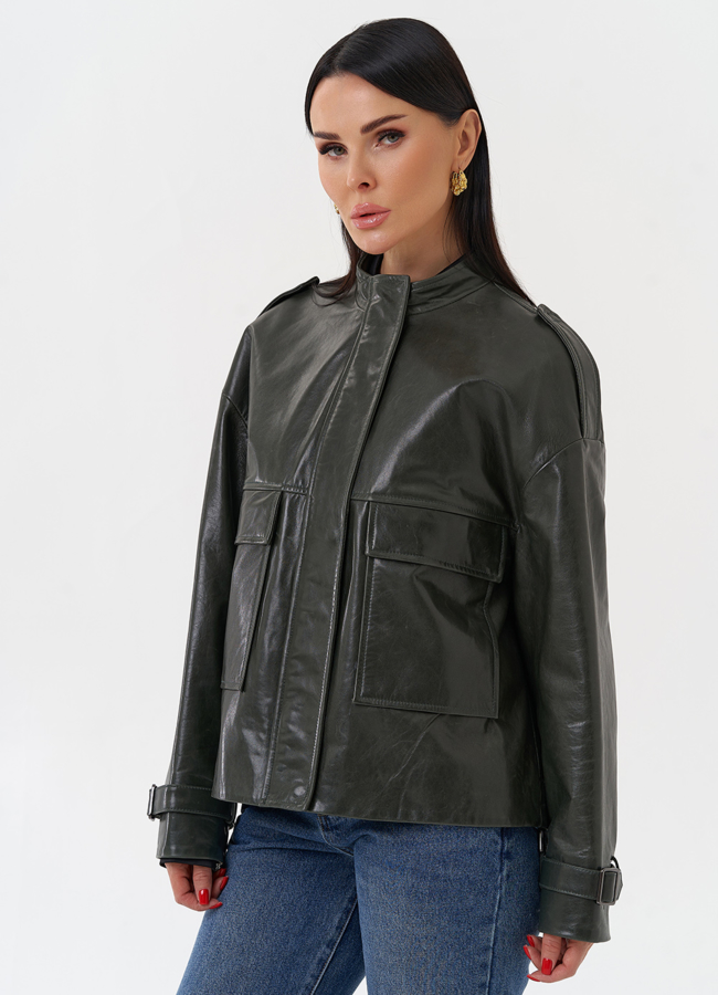 Женская кожаная куртка зеленого цвета модель № 77871 универмаг малина