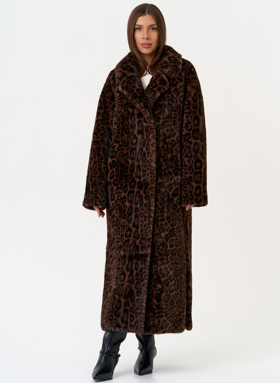Длинная шуба из эко меха с анималистическим принтом