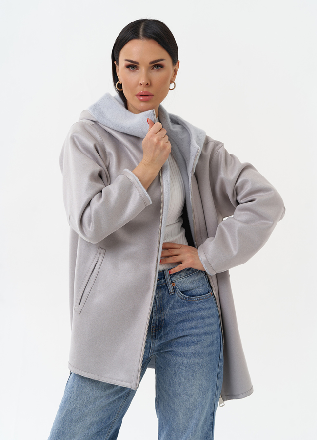 Двухсторонняя дубленка из эко замши с капюшоном модель № 29986 меха малина