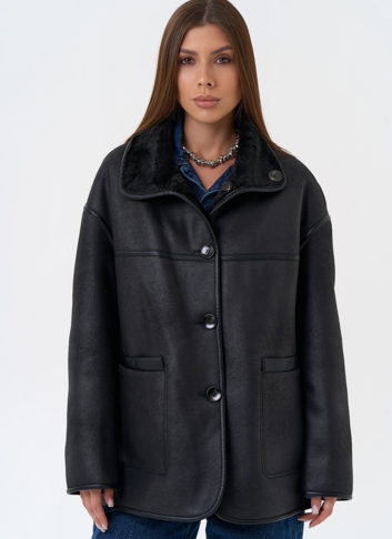 Женская двухсторонняя дубленка из эко замши в черном цвете