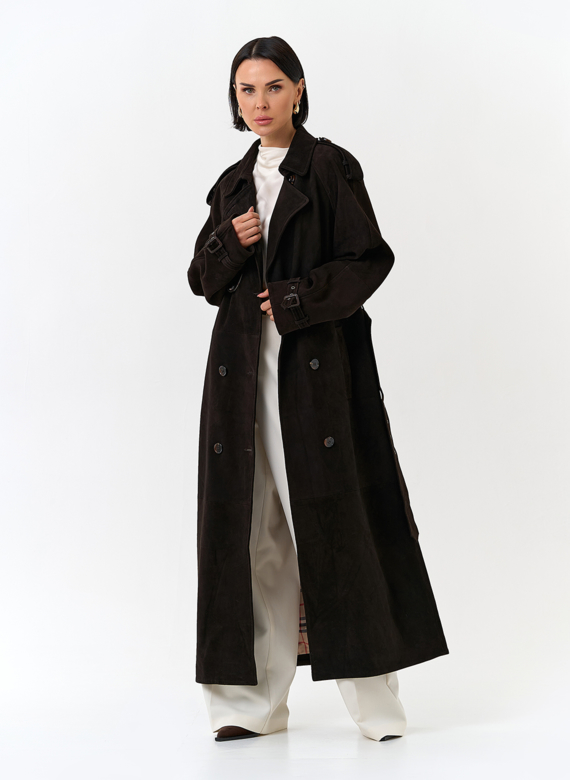 Женский длинный плащ из натуральной замши