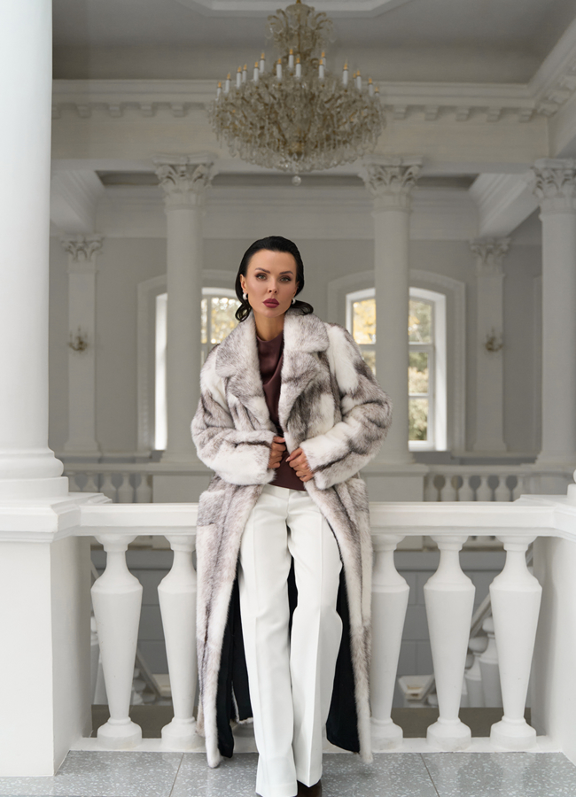 Длинная шуба из норки крестовки cross модель № 31327 универмаг малина