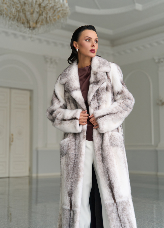 Длинная шуба из норки крестовки cross модель № 31327 универмаг малина