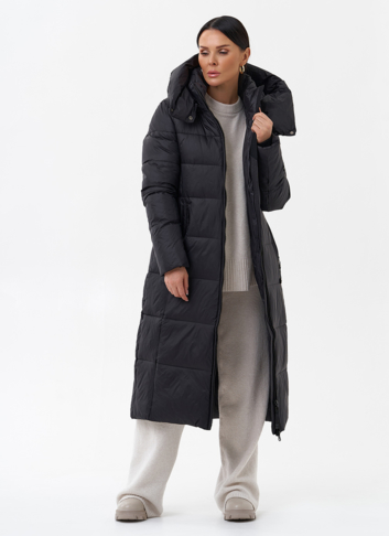 Длинный женский пуховик с капюшоном